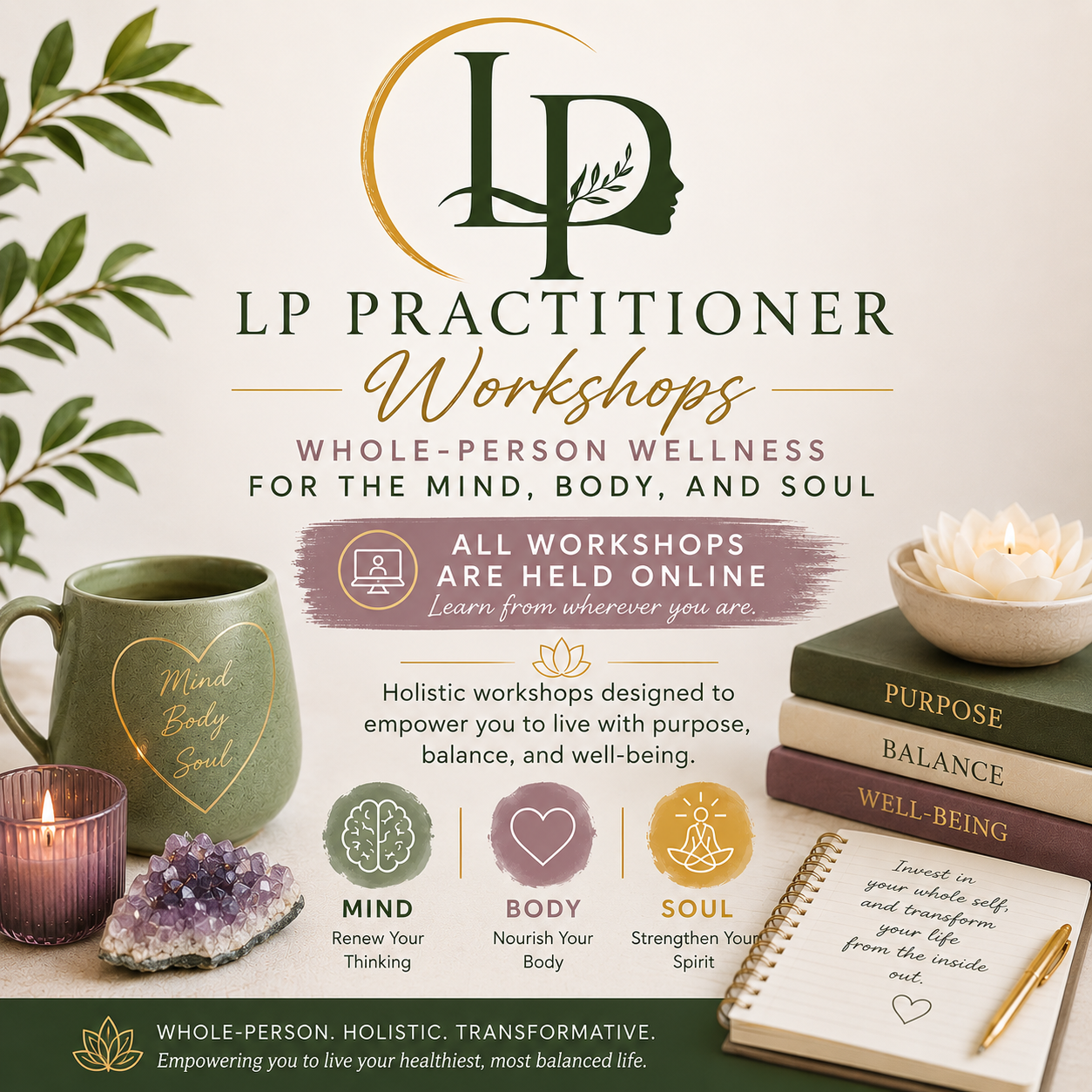 LP Practitioner Workshops graphic promoting whole-person wellness for mind, body and soul, held online