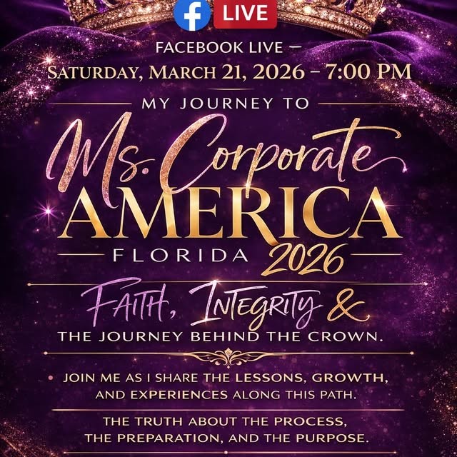 Purple and gold announcement for a live broadcast about the road to Ms. Corporate America Florida 2026