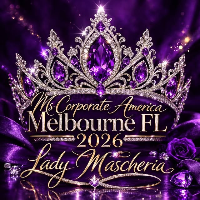 Jewelled crown on deep purple with gold script reading Ms Corporate America Melbourne FL 2026