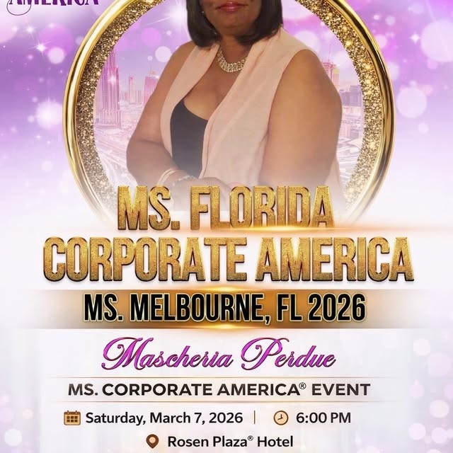 Ms. Florida Corporate America event flyer naming Mascheria Perdue as Ms. Melbourne 2026