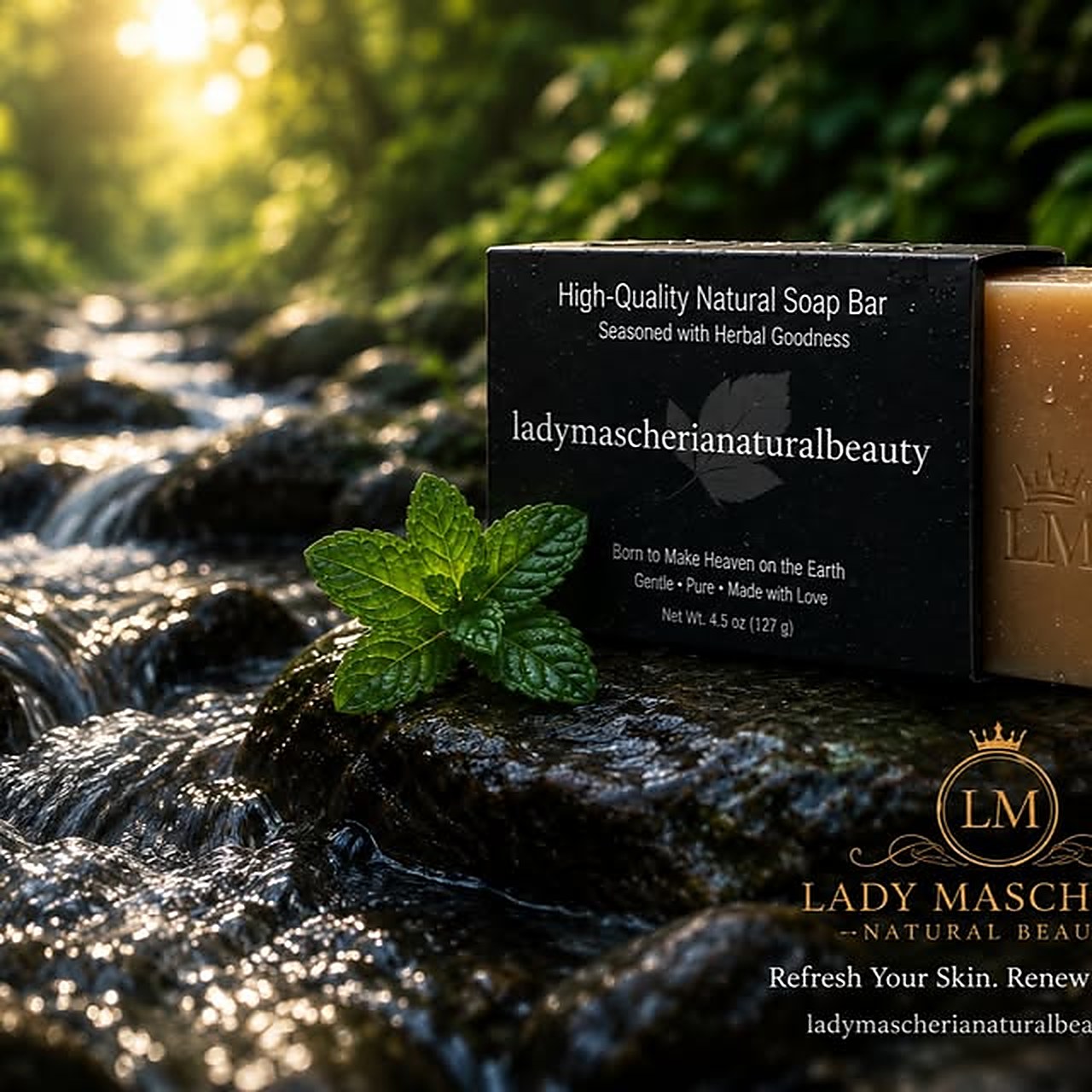 High-quality natural soap bar in its box beside fresh mint on a mossy stone in a stream